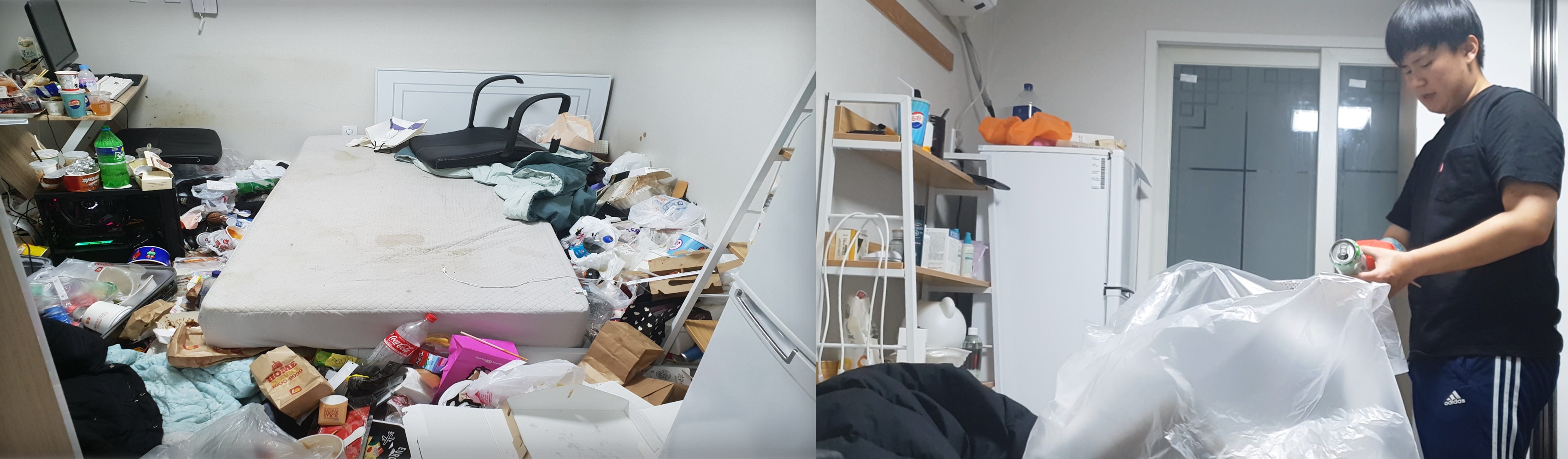 좌측 사진은 유승규 대표의 더러운 방 사진. 우측 사진은 유승규 대표님이 청소를 하는 사진